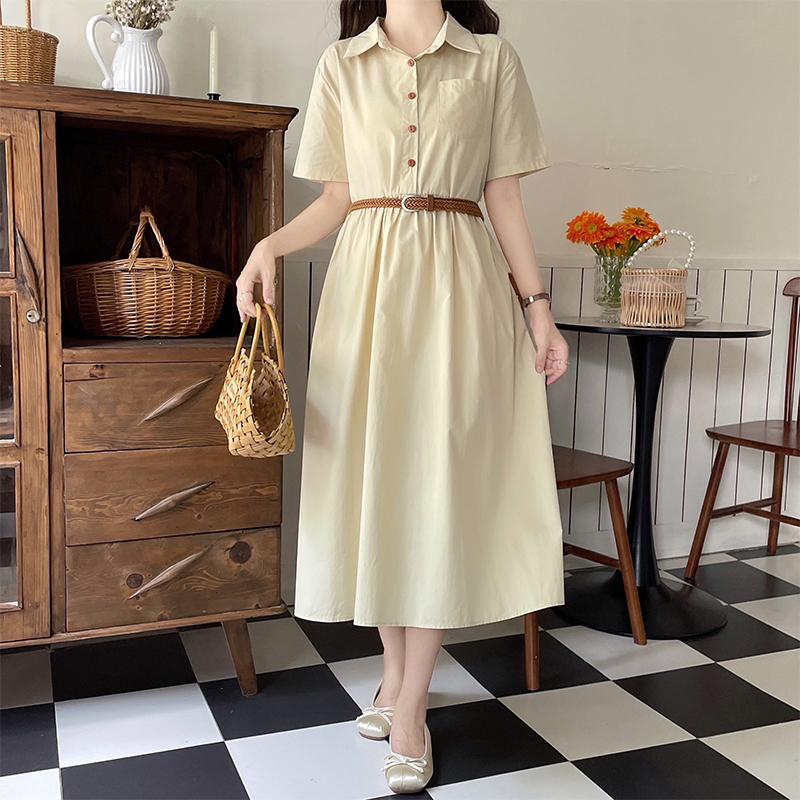 Summer New Elegant Polo Collar Short Sleeve Dress Women Waist Slimming Gentle French Style Dress