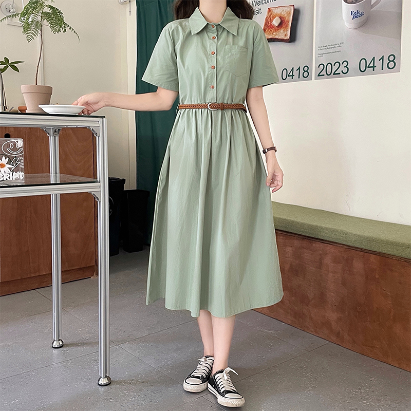 Summer New Elegant Polo Collar Short Sleeve Dress Women Waist Slimming Gentle French Style Dress