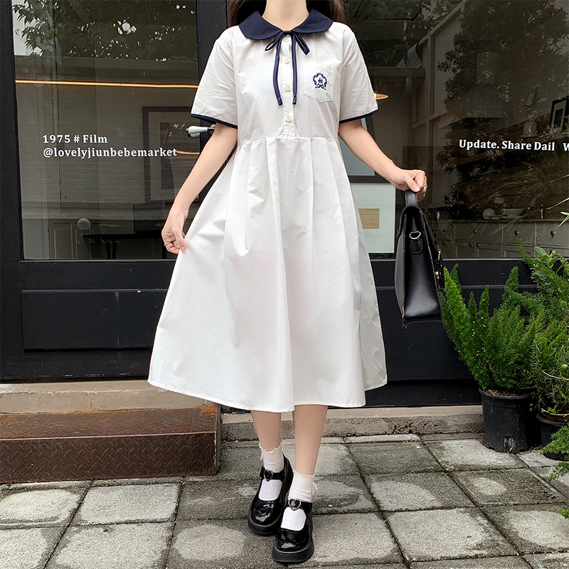 Sweet Japanese Preppy Style Midi Dress with Doll Collar and Bow
