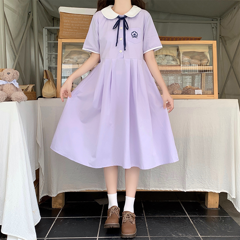 Sweet Japanese Preppy Style Midi Dress with Doll Collar and Bow