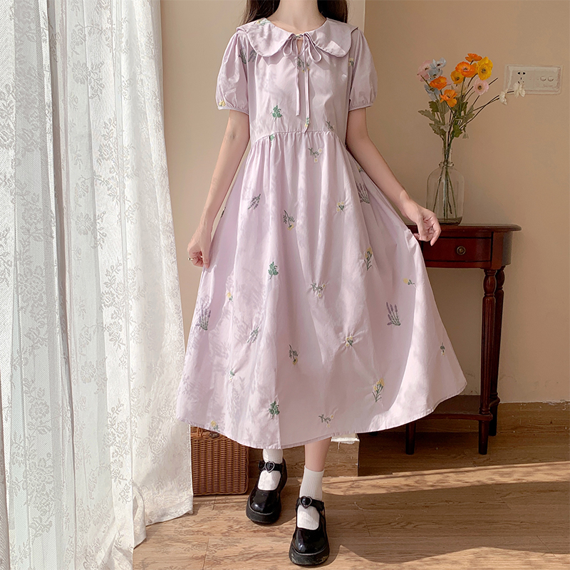 Sweet Embroidered Floral Tie-Front Doll Collar Dress New Taro Purple Loose Cute Long Dress - Image 3