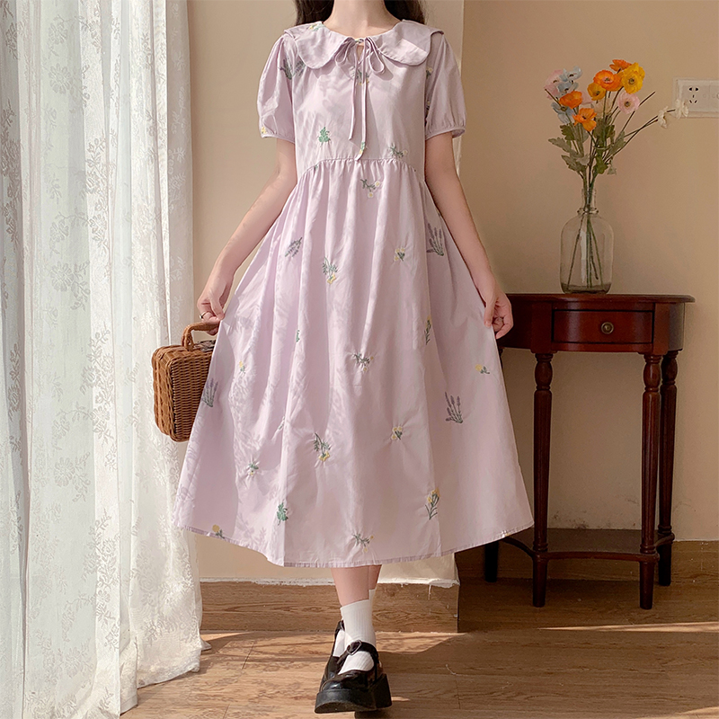 Sweet Embroidered Floral Tie-Front Doll Collar Dress New Taro Purple Loose Cute Long Dress