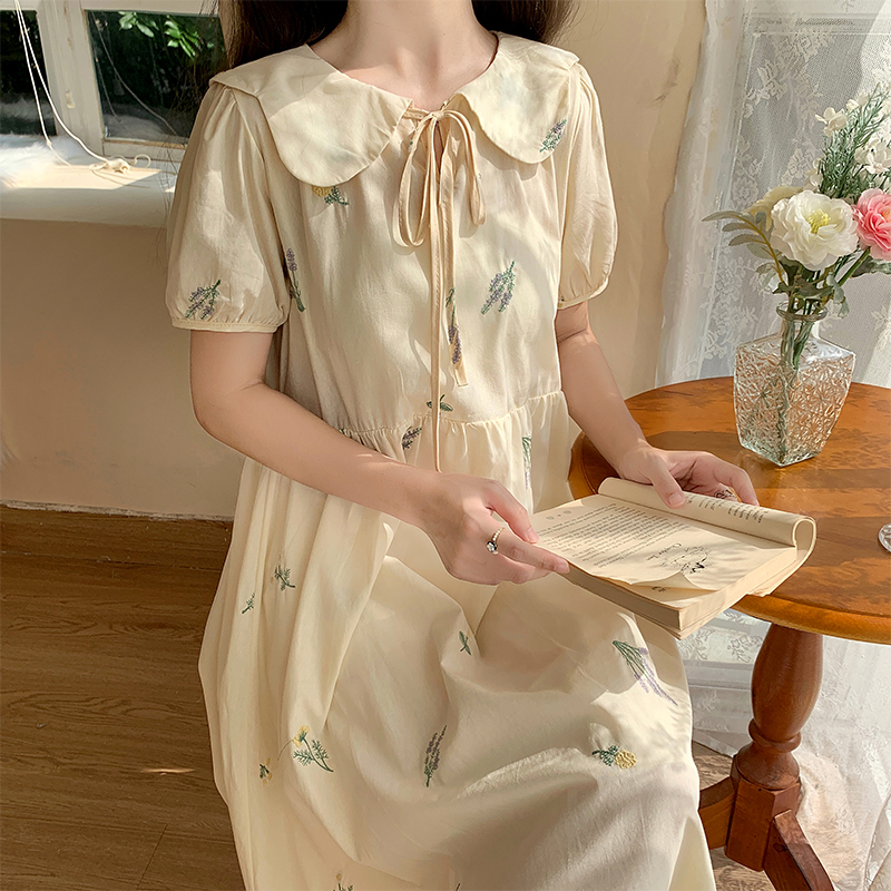 Sweet Embroidered Floral Tie-Front Doll Collar Dress New Taro Purple Loose Cute Long Dress