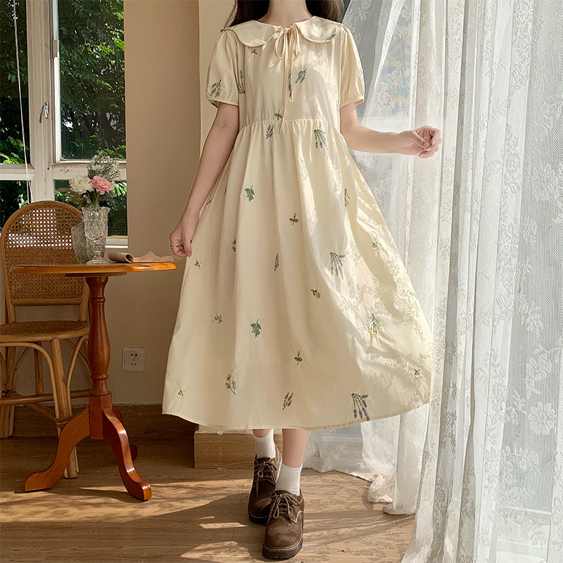 Sweet Embroidered Floral Tie-Front Doll Collar Dress New Taro Purple Loose Cute Long Dress - Image 4
