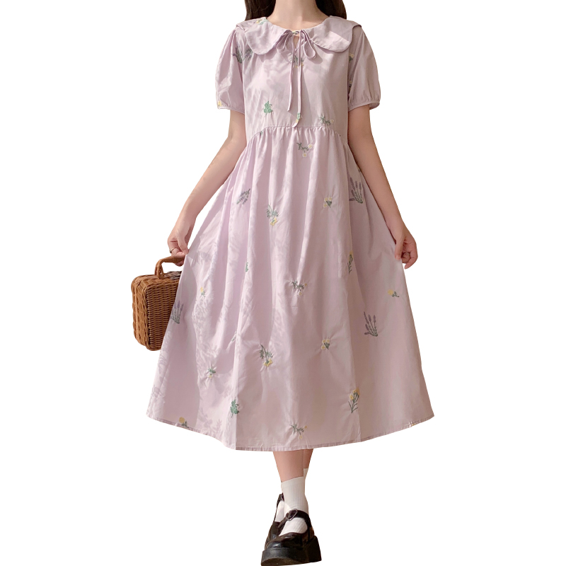 Sweet Embroidered Floral Tie-Front Doll Collar Dress New Taro Purple Loose Cute Long Dress - Image 5