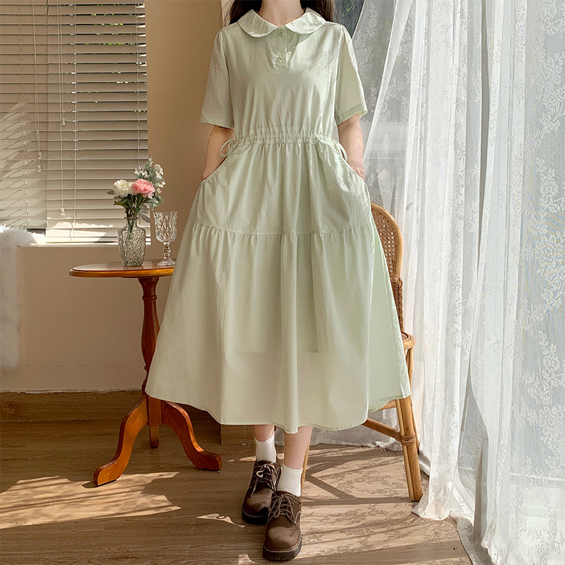 Japanese Style Doll Collar Long Dress with Drawstring Waist and Pockets Cake Skirt Summer Dress