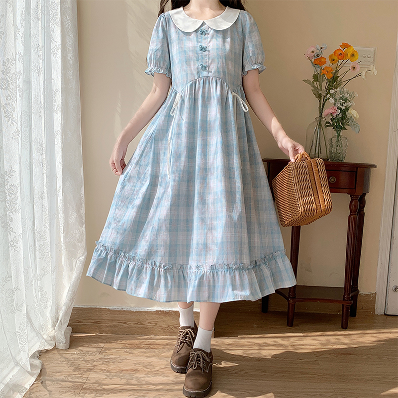 Sea Salt Blue Plaid Dress for Women Summer New Doll Collar Bow Midi Dress