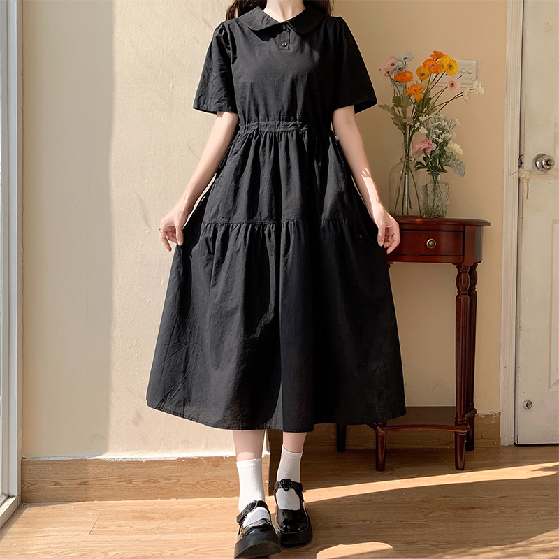 Japanese Style Doll Collar Long Dress with Drawstring Waist and Pockets Cake Skirt Summer Dress