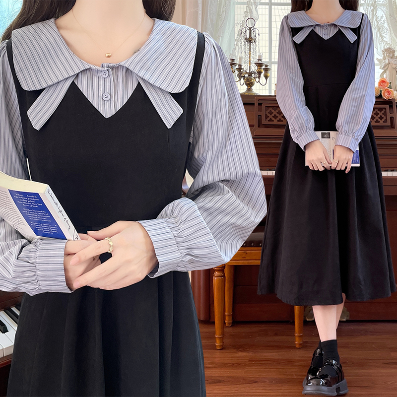 Preppy Fresh Sweet Colorblock Faux Two-Piece Dress