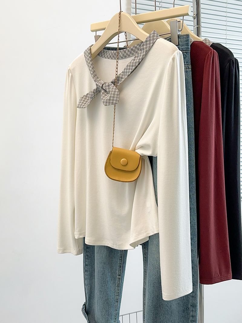 2026 Autumn Plus Size Color Block Plaid Bow Slim Long Sleeve T-Shirt