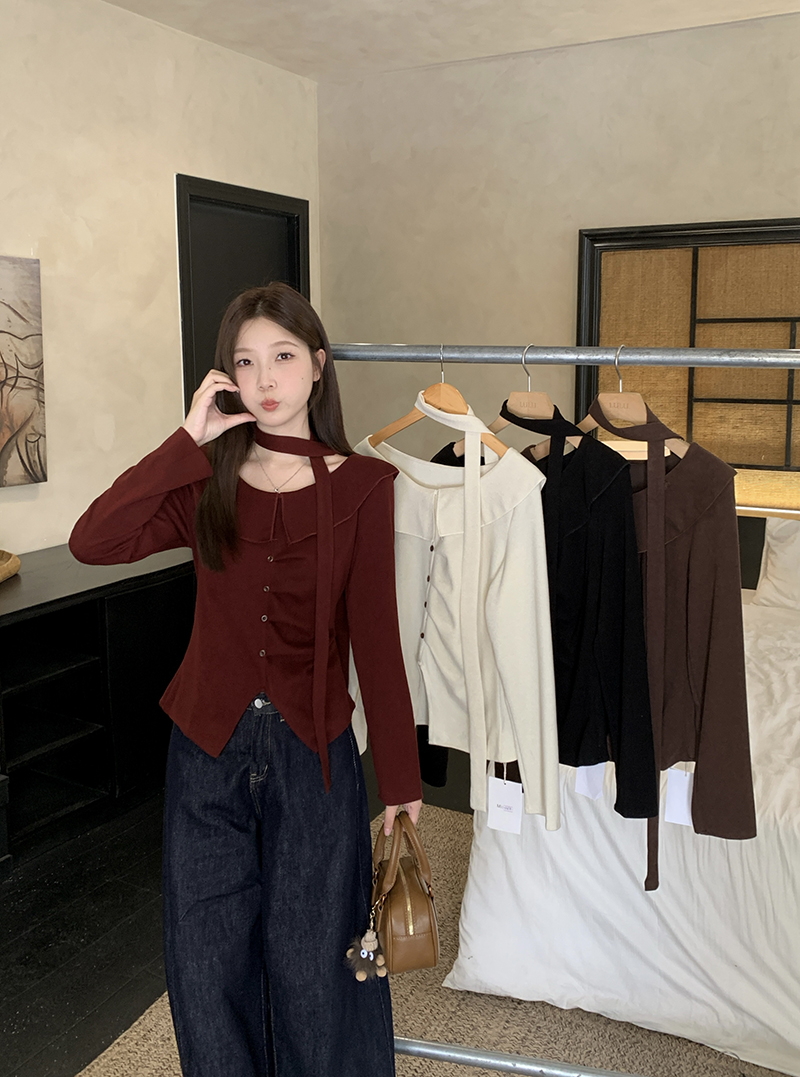 Plus Size Women’s French Style Ruffle Ribbon Long Sleeve Top 2026 Fall