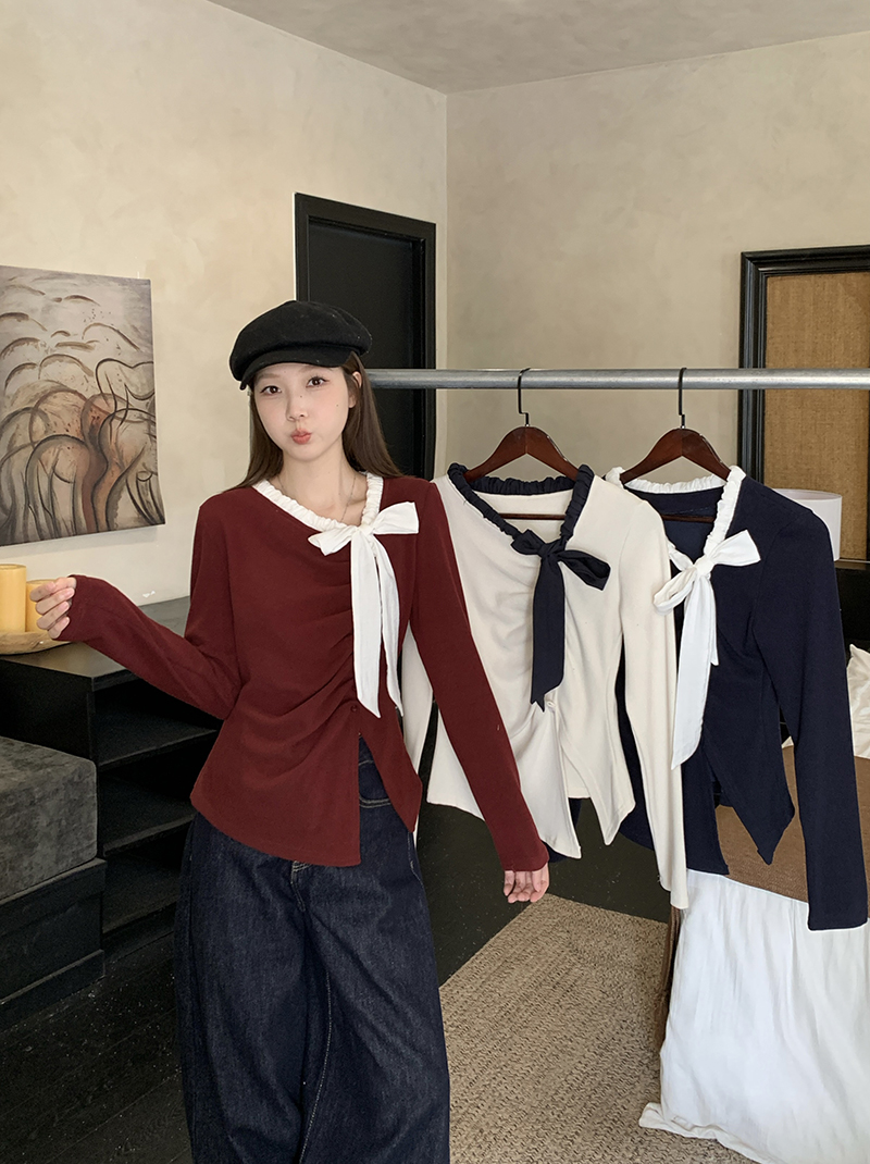 Plus Size Color Block Bow Long Sleeve Top 2026 Fall Sweet Design