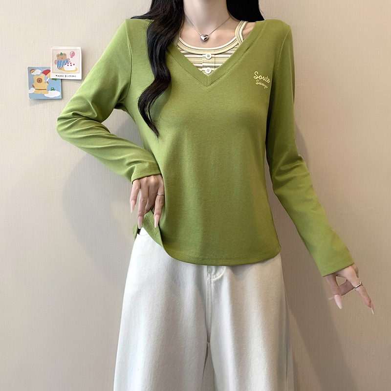 Plus Size Striped Faux Two-Piece Long Sleeve Top 2026 Autumn Casual T-Shirt