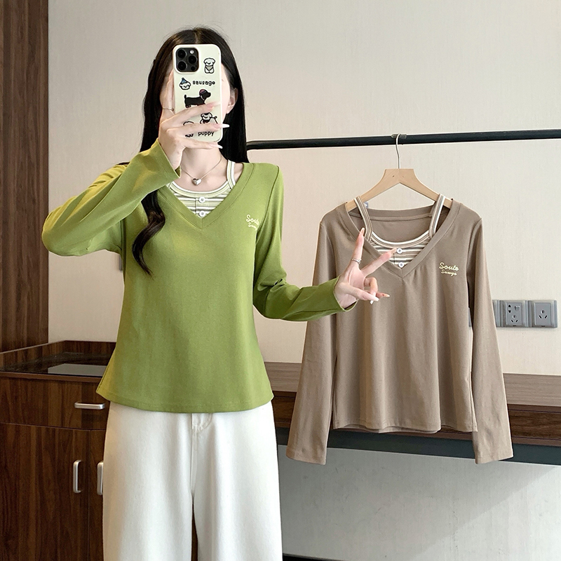 Plus Size Striped Faux Two-Piece Long Sleeve Top 2026 Autumn Casual T-Shirt