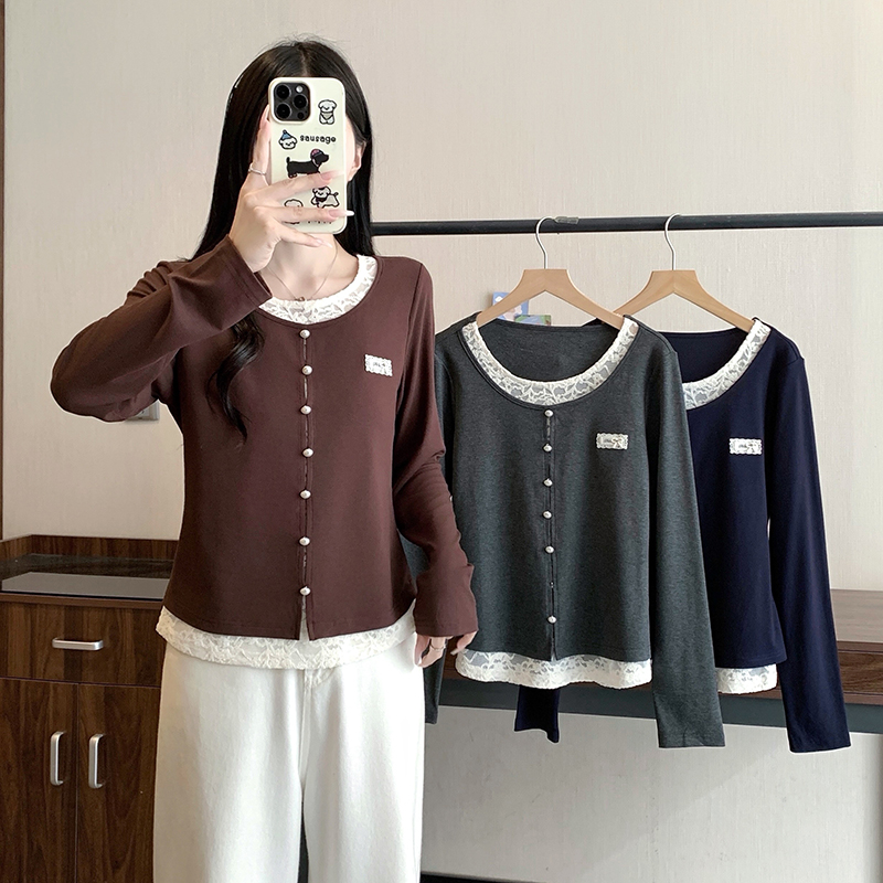 Plus Size Korean Sweet Lace Spliced Faux Two-Piece Long Sleeve Top 2026 Fall