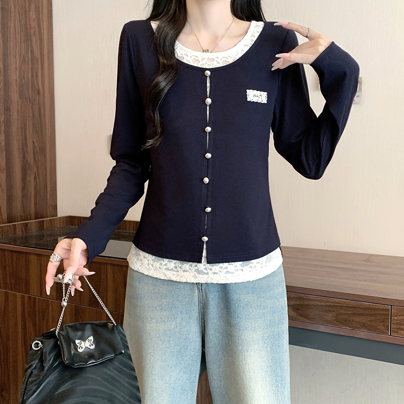 Plus Size Korean Sweet Lace Spliced Faux Two-Piece Long Sleeve Top 2026 Fall