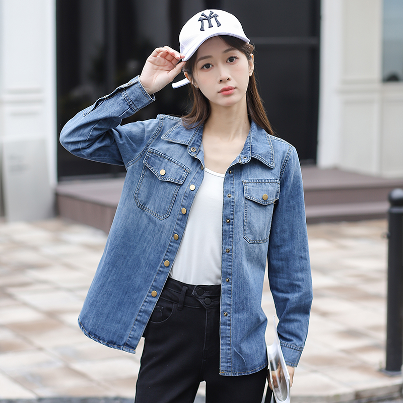 Women’s Loose Fit Denim Long Sleeve Shirt Korean Style Split Sleeve Retro Fall 2026
