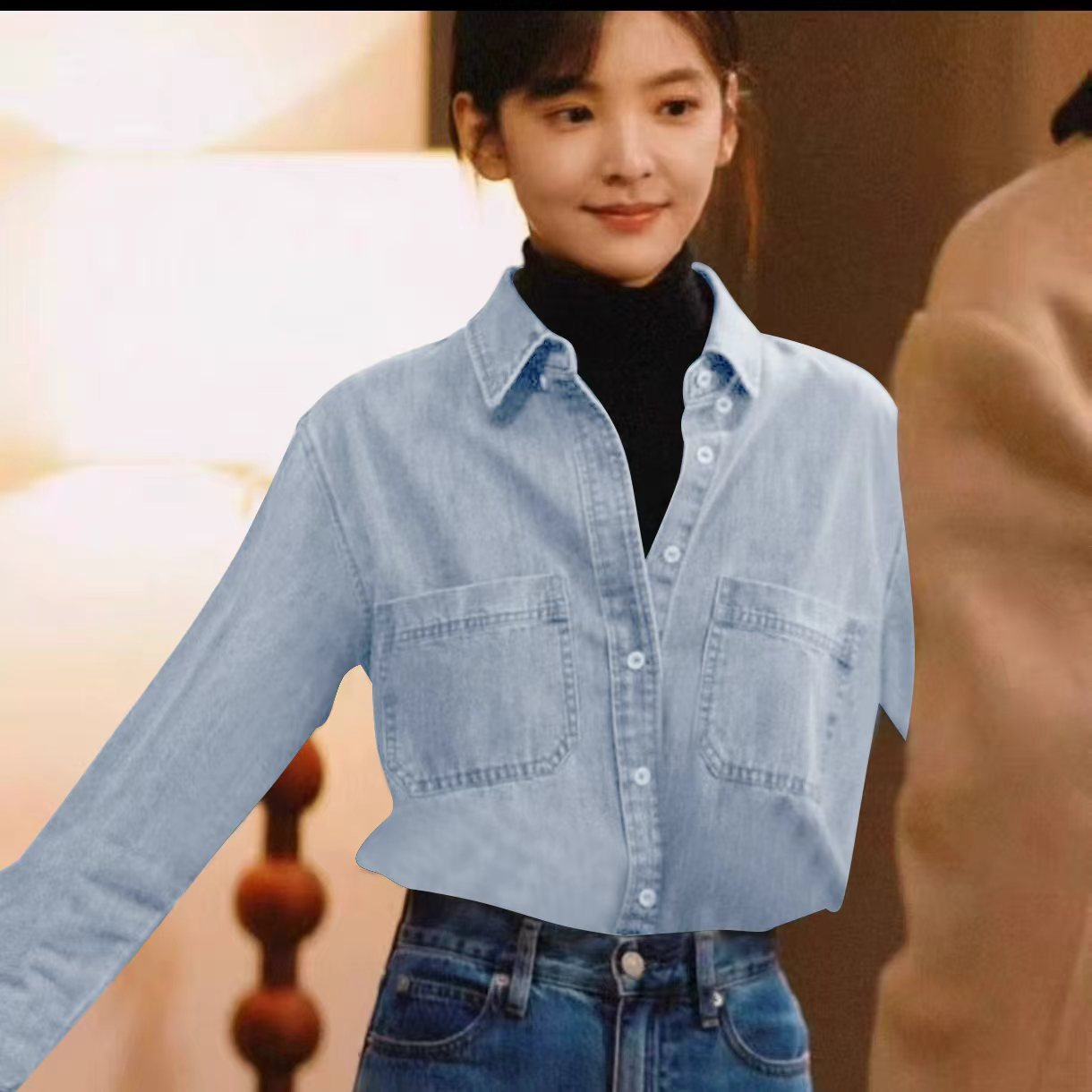 Women’s Retro Loose Denim Shirt Long Sleeve Snap Button College Style