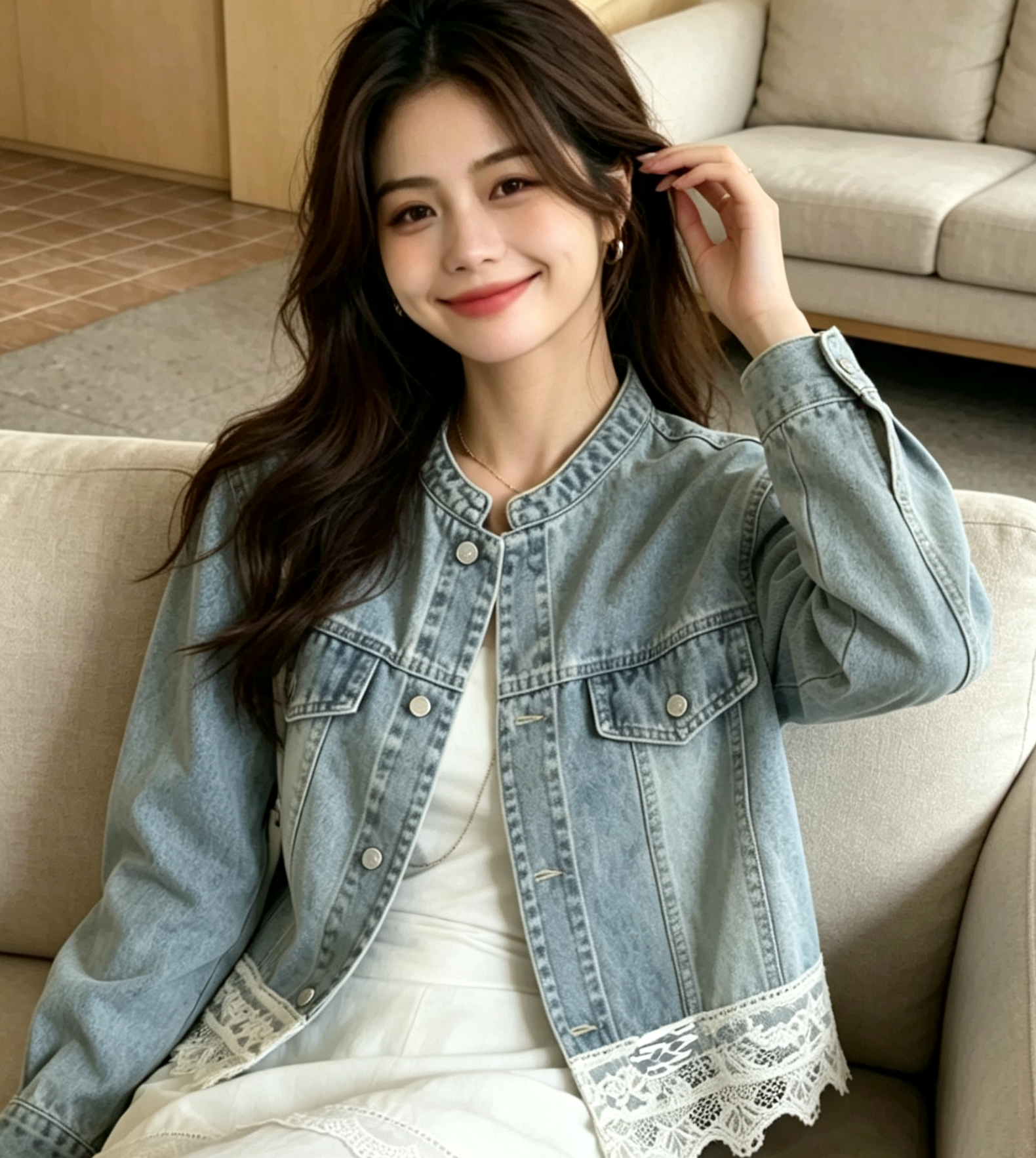 Women’s Lace Spliced Denim Jacket Korean Style Spring Autumn Loose Fit