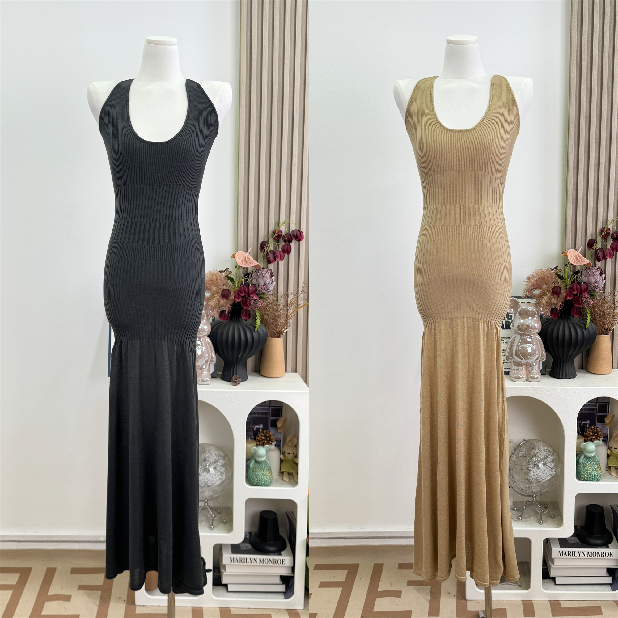 JAYKY YANG U-Neck Open-Shoulder Bodycon Long Dress Solid Minimalist