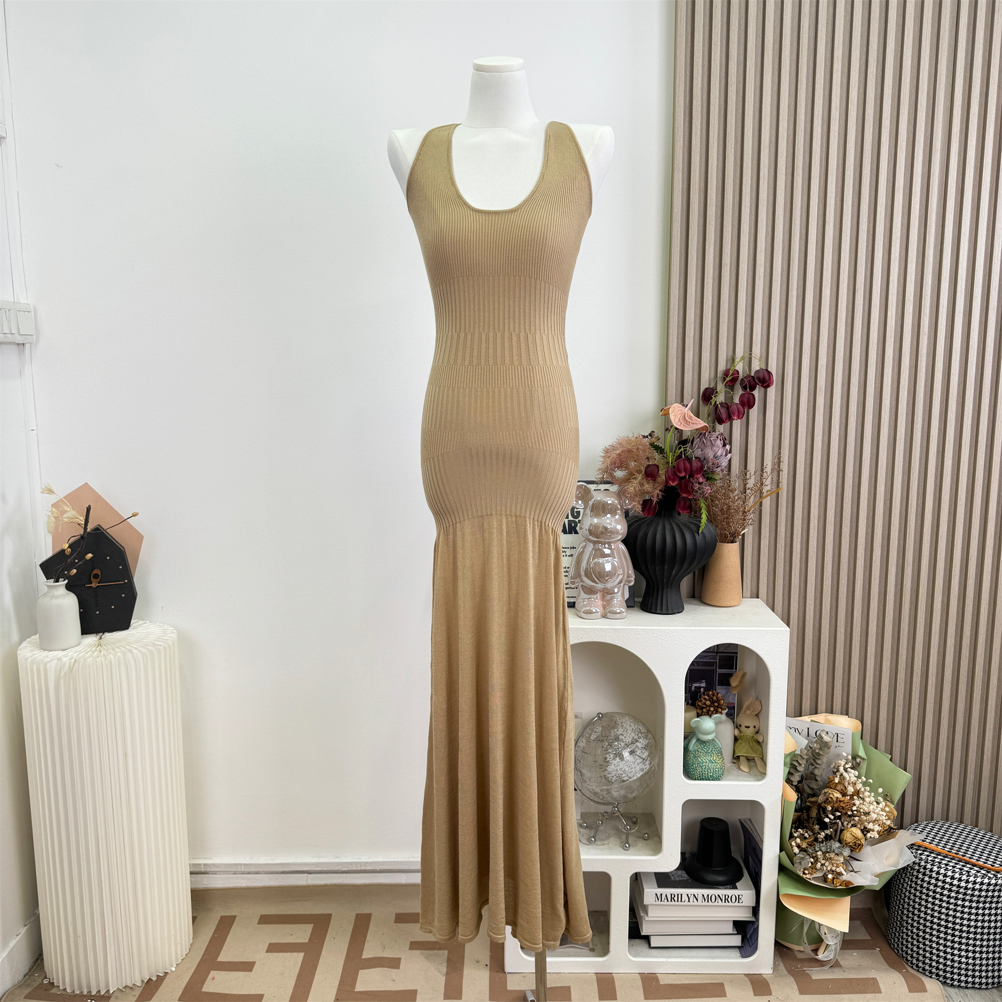 JAYKY YANG U-Neck Open-Shoulder Bodycon Long Dress Solid Minimalist - Image 2
