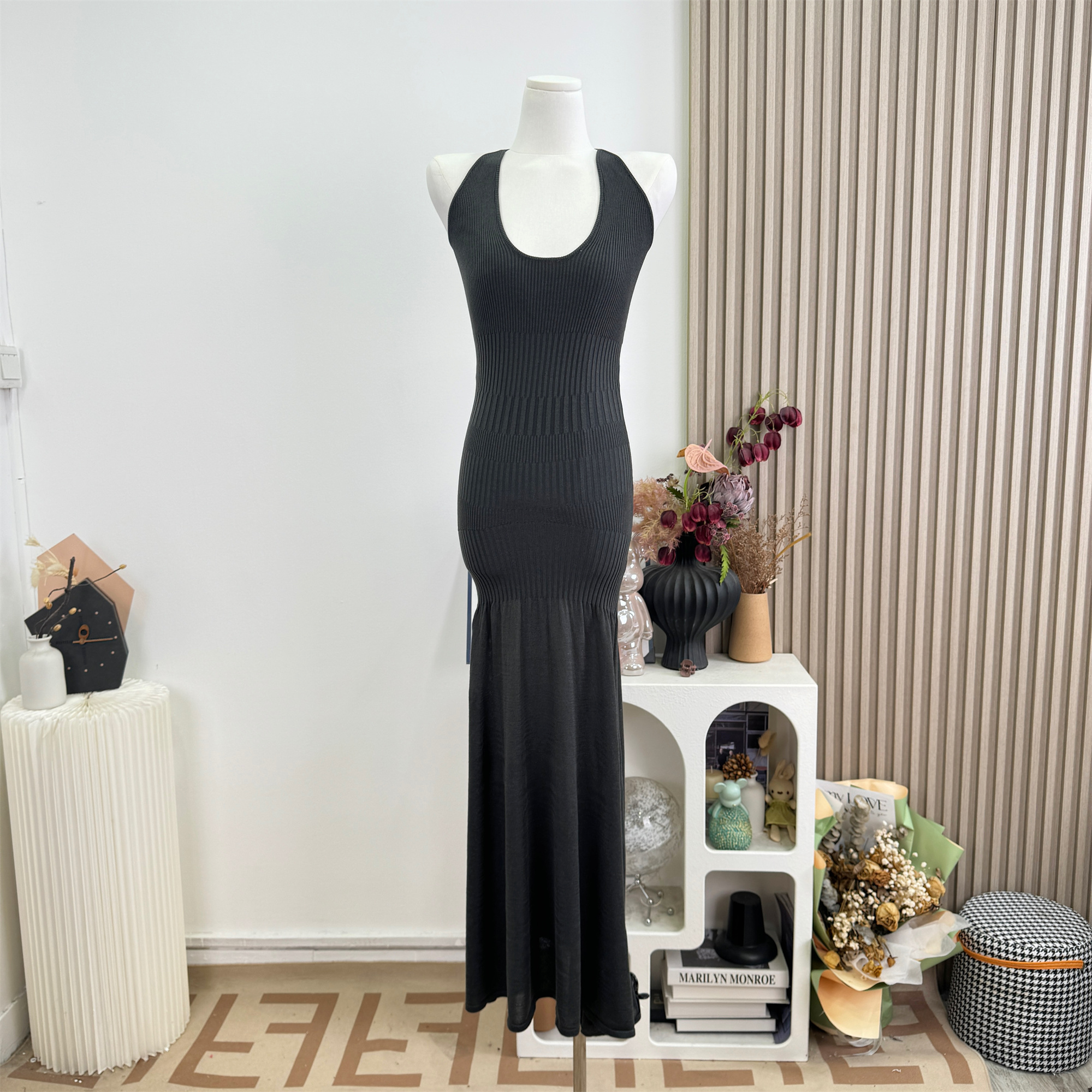JAYKY YANG U-Neck Open-Shoulder Bodycon Long Dress Solid Minimalist - Image 4