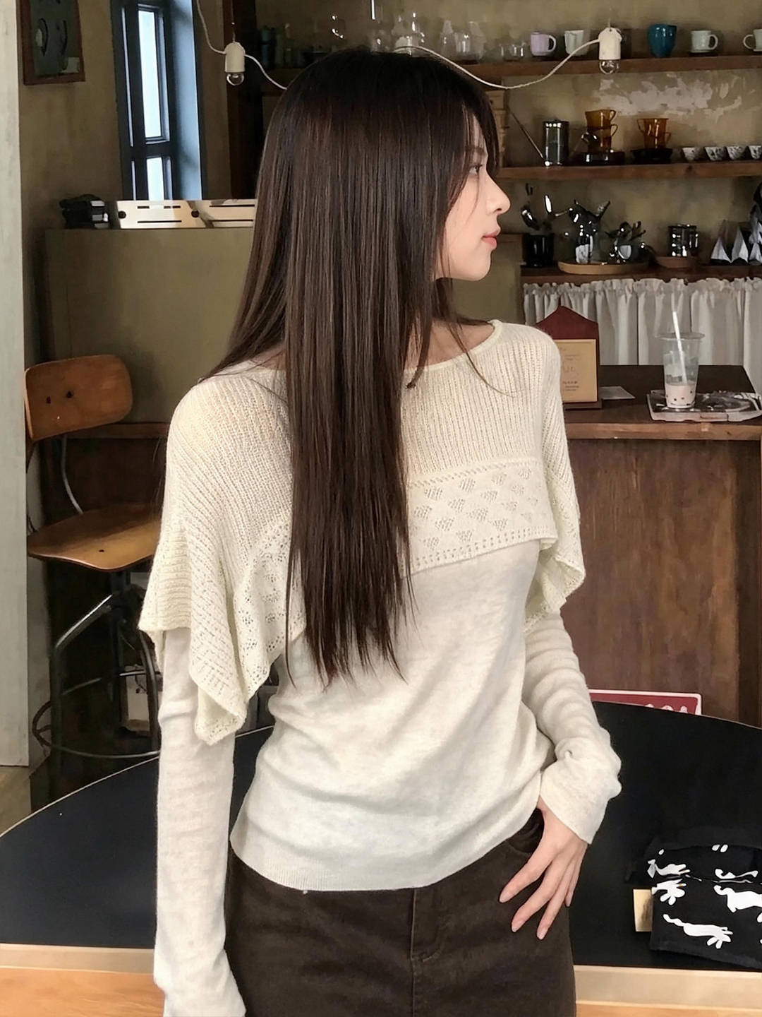 Asymmetric Faux-Layer Cutout Cape Knit Top for Women French Style Fall Design – Style 70c9f8