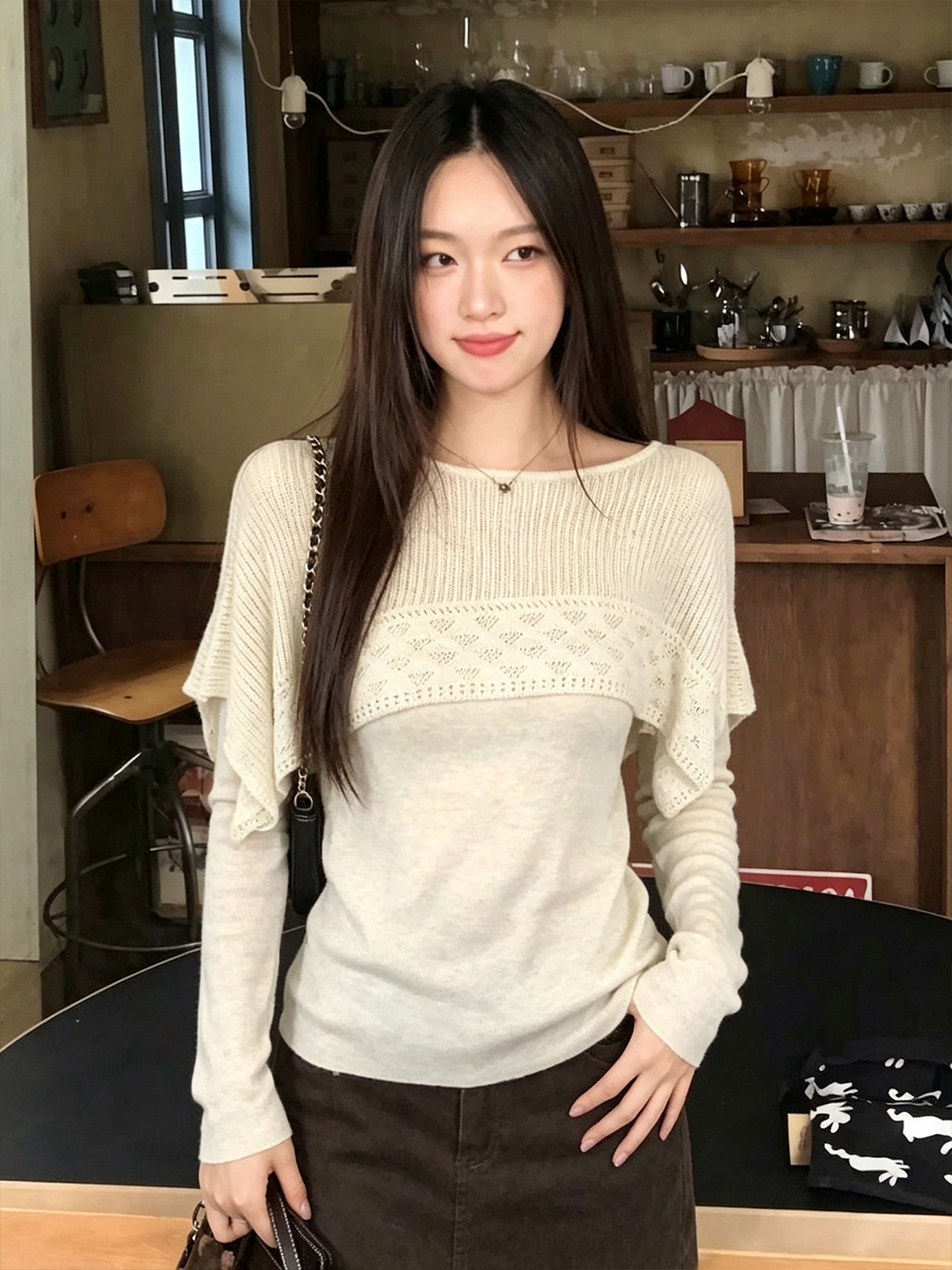 Asymmetric Faux-Layer Cutout Cape Knit Top for Women French Style Fall Design - Style 70c9f8