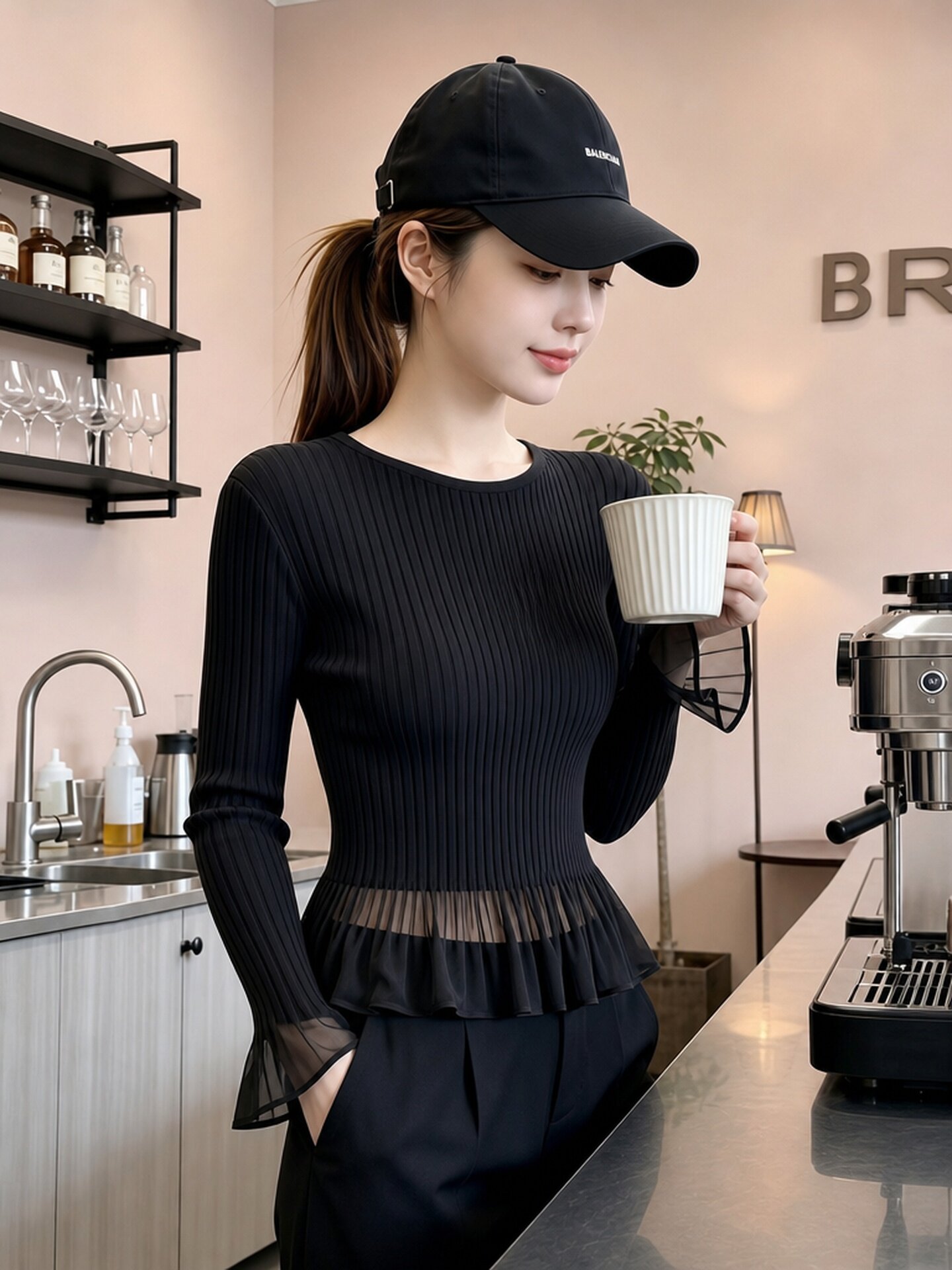 French Style Black Round Neck Mesh Ruffle Knit Top for Women Slimming Flared Sleeve – Style ba9555