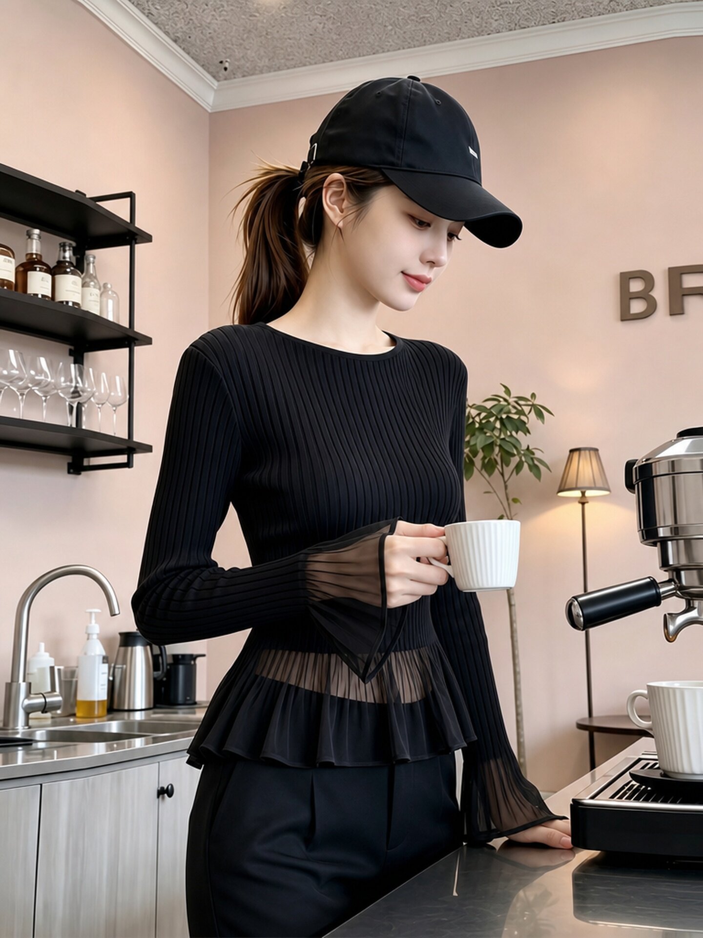 French Style Black Round Neck Mesh Ruffle Knit Top for Women Slimming Flared Sleeve - Style ba9555