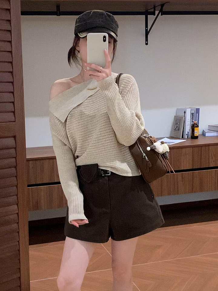 In Stock Asymmetric Off-Shoulder Cutout Knit Top Women Autumn Loose Long Sleeve – Style ba9620