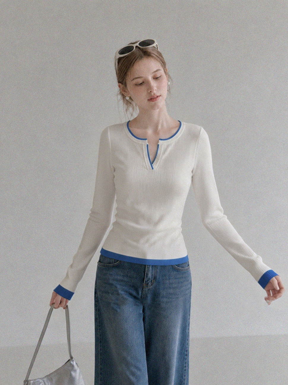 White Faux Two-Piece Knit Long-Sleeve V-Neck Top for Women 2026 Fall