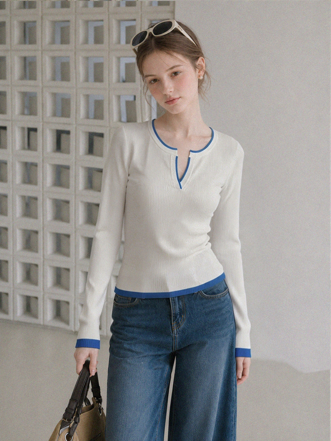 White Faux Two-Piece Knit Long-Sleeve V-Neck Top for Women 2026 Fall