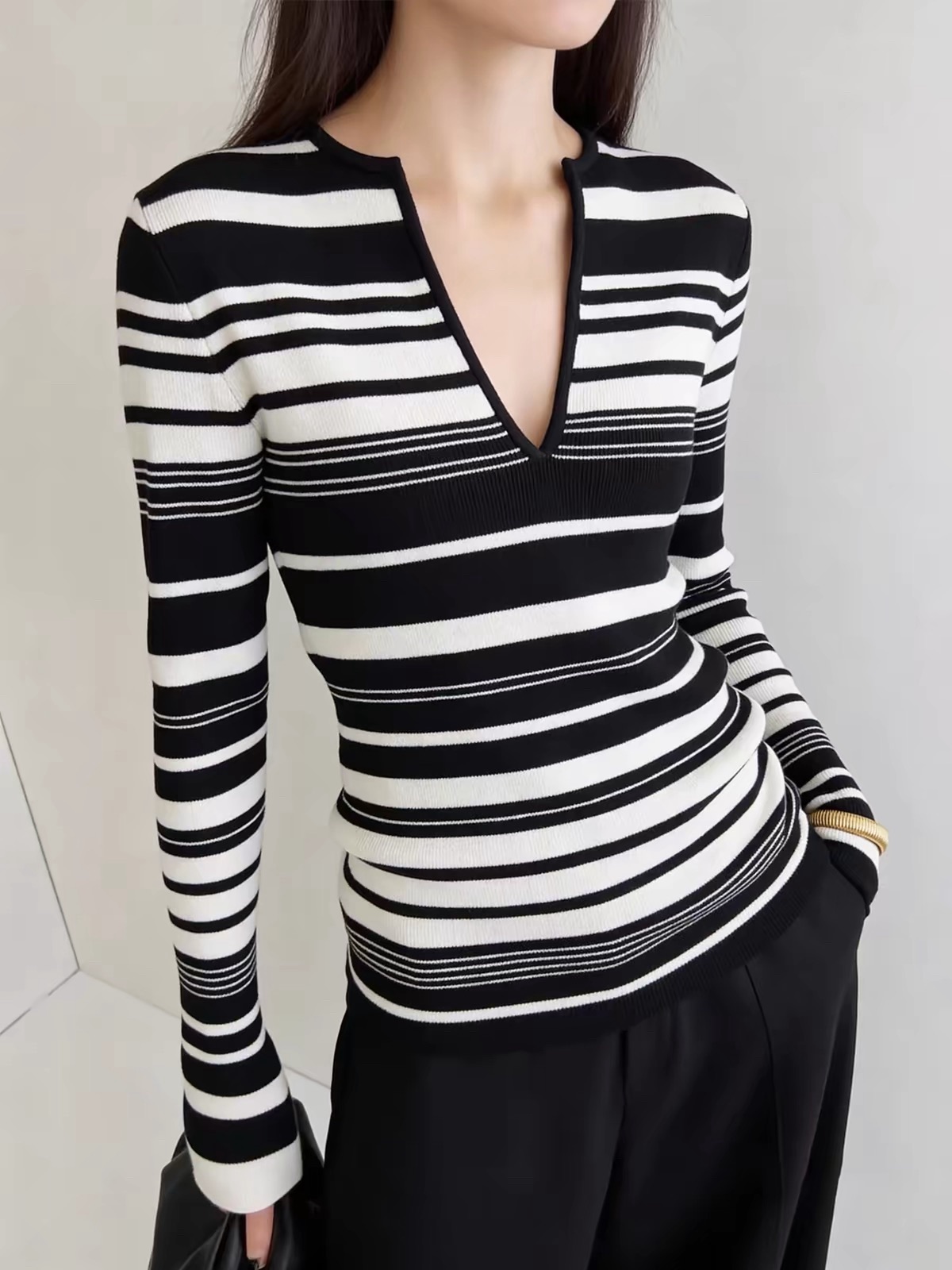 Women's Black and White Striped Knit Sweater - One Size