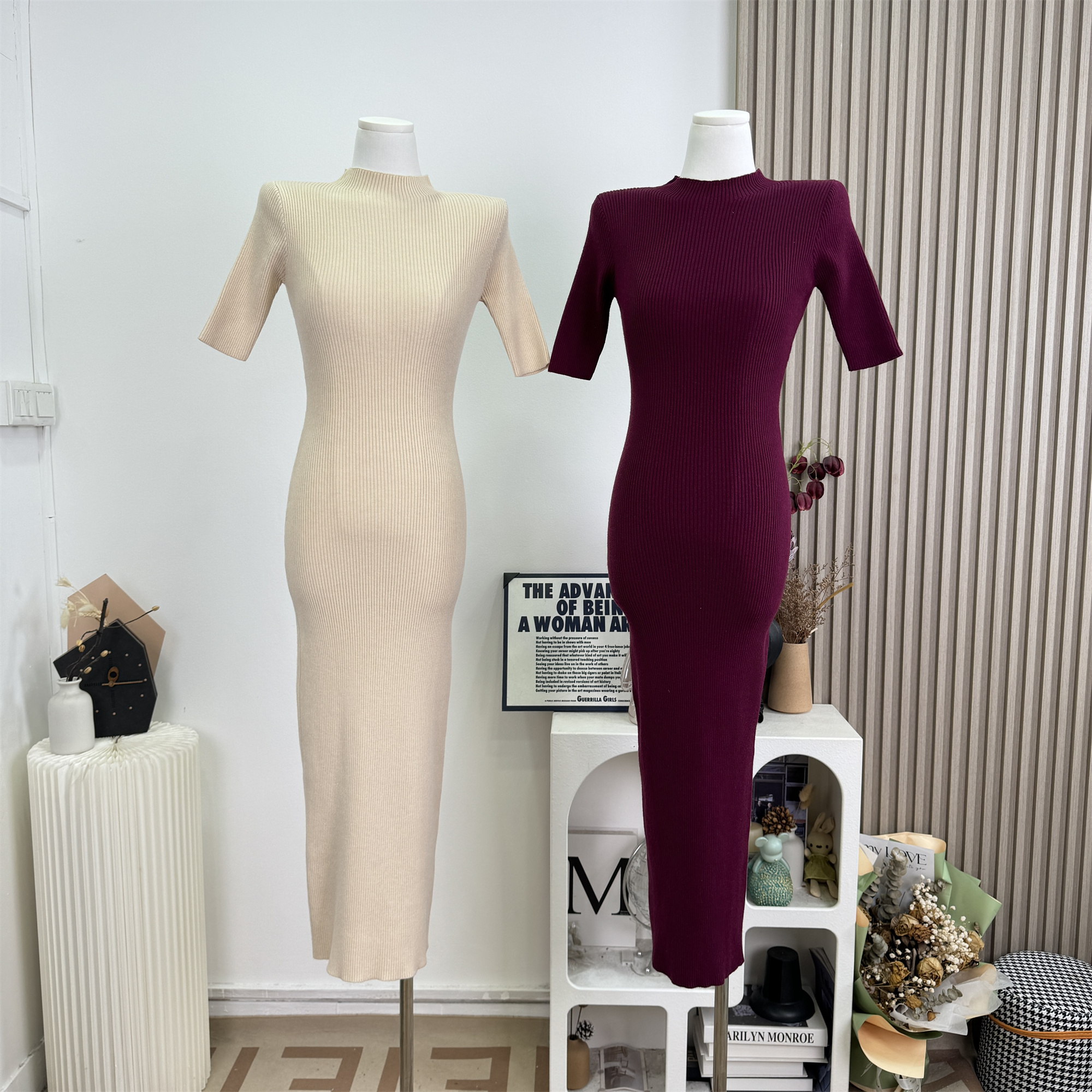 OKMASHOP Cotton Knit Half Turtleneck Dress Women Autumn High Stretch Waist Long Dress