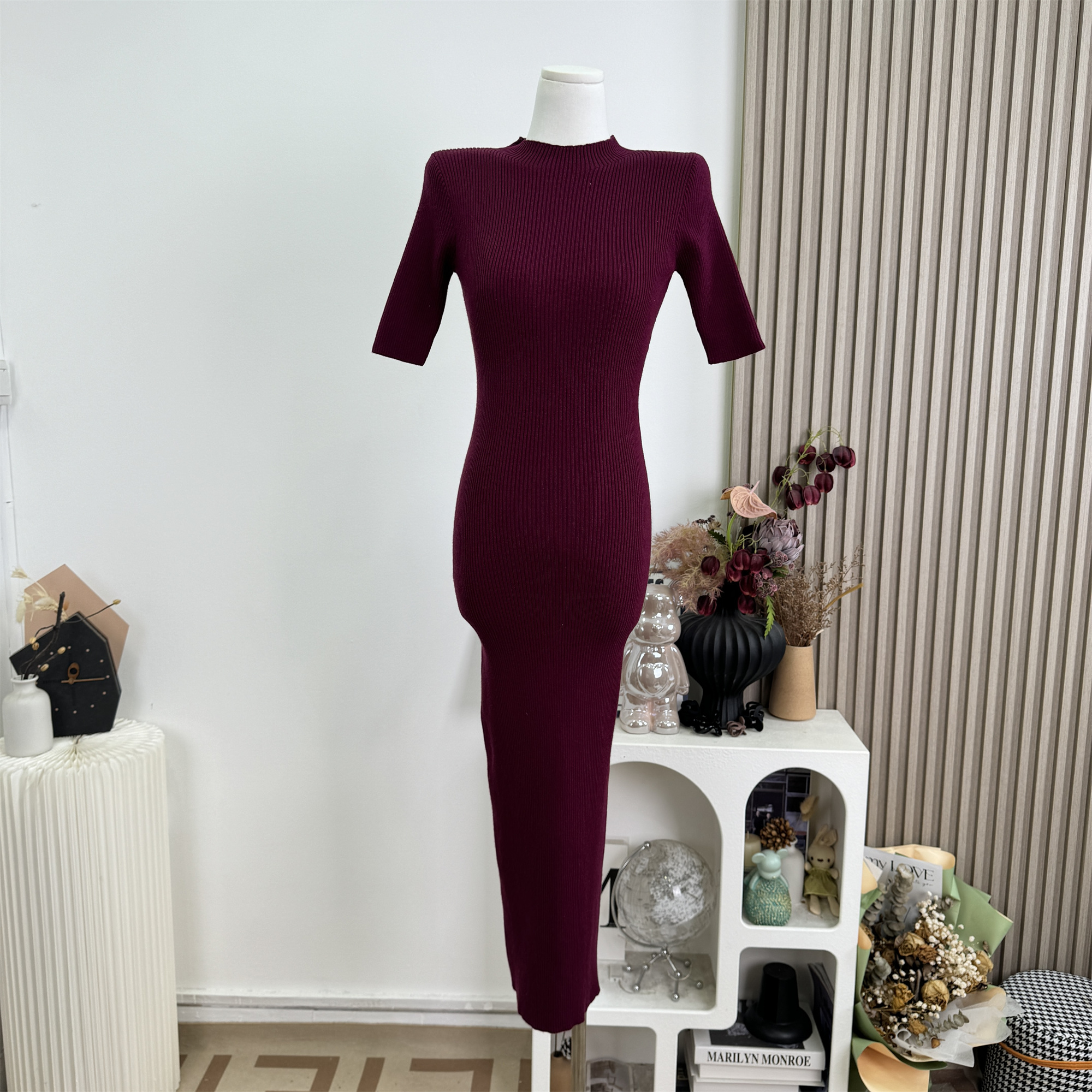 OKMASHOP Cotton Knit Half Turtleneck Dress Women Autumn High Stretch Waist Long Dress - Image 3