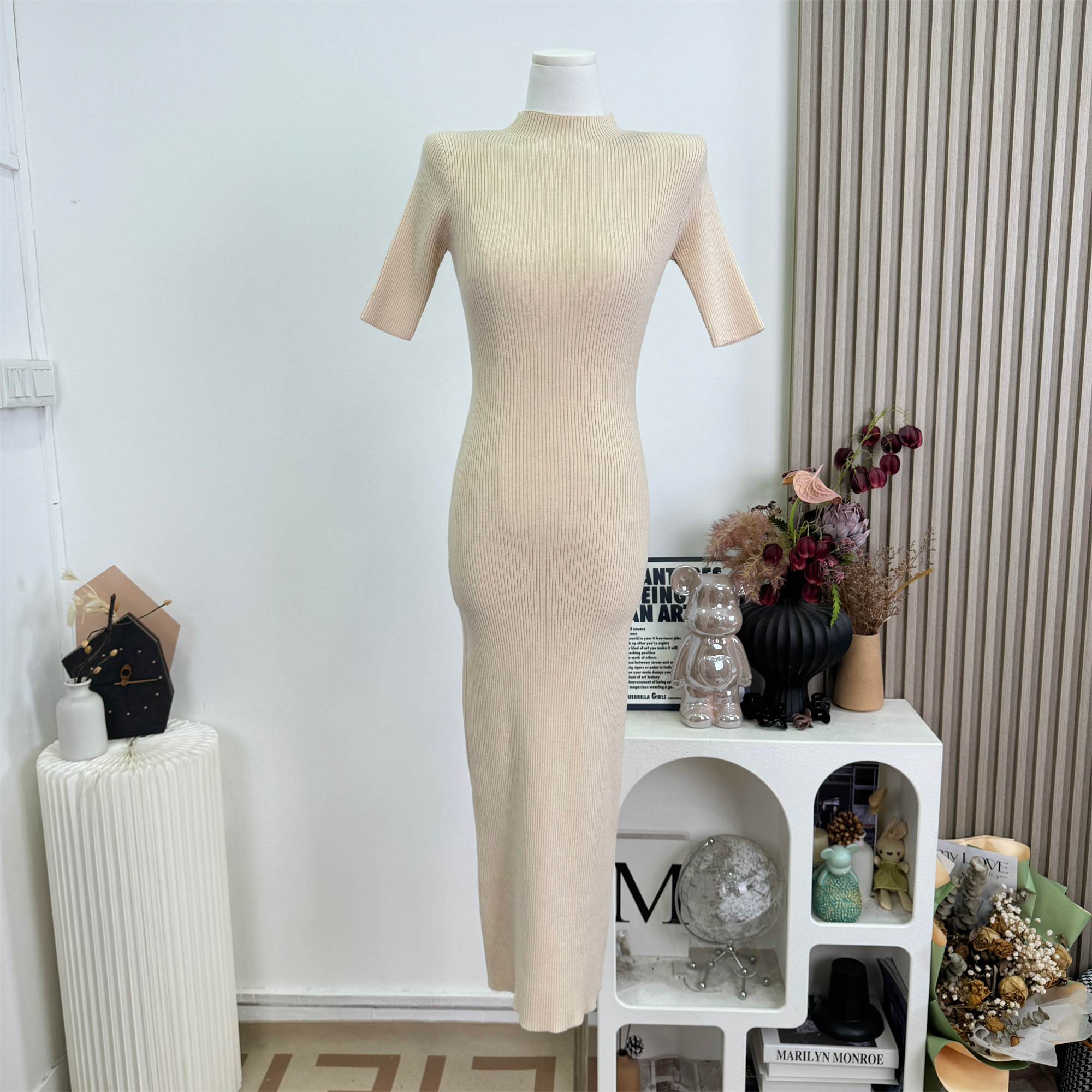 OKMASHOP Cotton Knit Half Turtleneck Dress Women Autumn High Stretch Waist Long Dress - Image 4